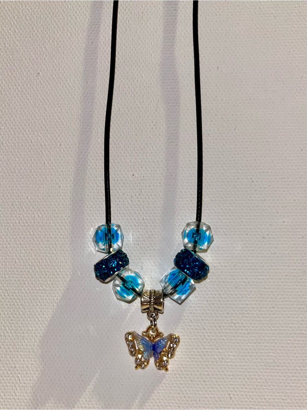 Blue & Gold Butterfly Pendant Necklace w/Turquoise Faceted & Rhinestone Accents